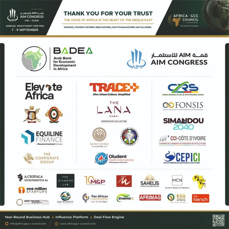 Africa GCC Council thank-you board from AIM Congress 2026 in Dubai, headed Thank You For Your Trust, carrying the logos of the sponsors, partners and institutions behind The African Stage, among them BADEA, FONSIS, CEPICI, CCI Côte d’Ivoire and ESG Access Africa.