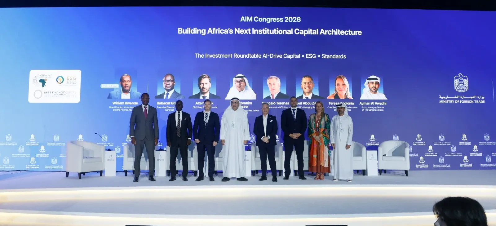 Participants of the AIM Congress 2026 investment roundtable standing together on stage in Dubai, in front of a screen reading Building Africa’s Next Institutional Capital Architecture with the roundtable speakers listed beneath it.